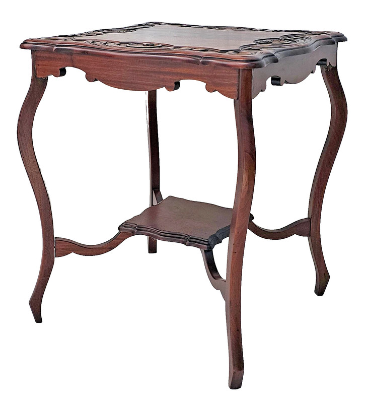 Antique English Solid Mahogany Lamp Table c1890 – Carved Shells, Cabriole Legs gallery