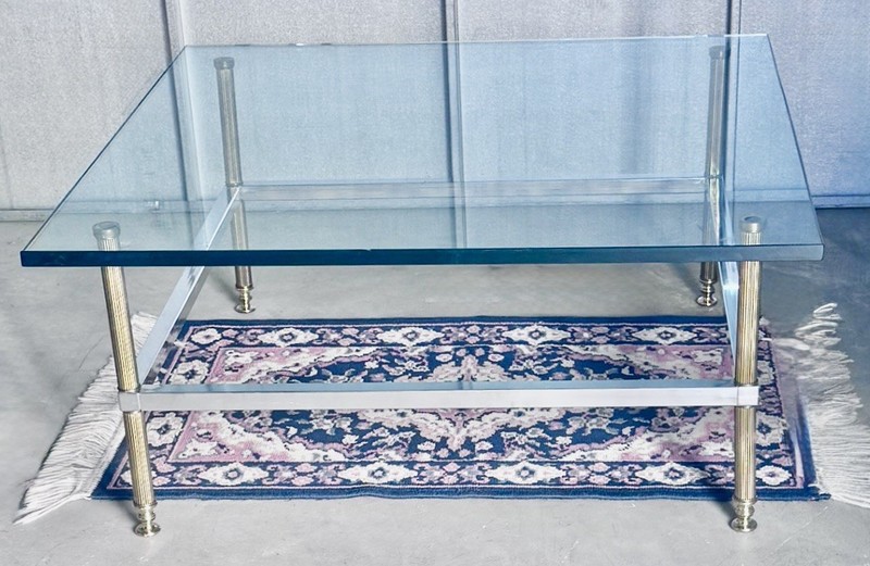 ⭕️ VINTAGE 1970s MASTERCRAFT BRASS,CHROME GLASS FLUTED COLUMN LEG COFFEE TABLE gallery