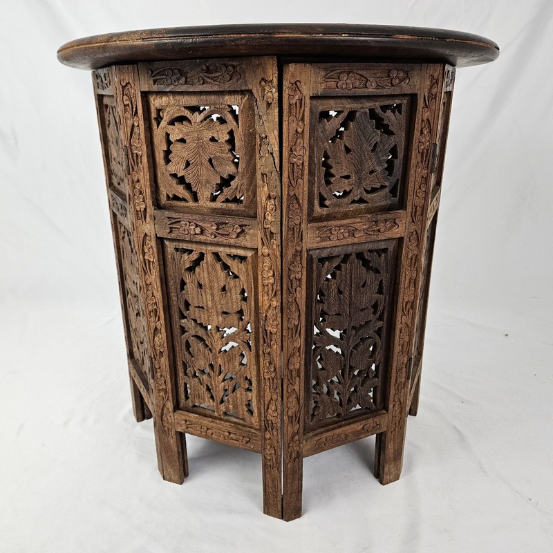 Vintage MCM Carved Octagon Folding Teak Wood Table Plant Stand Moroccan Boho gallery