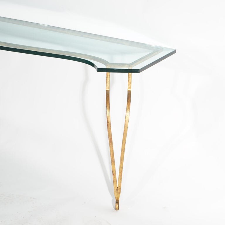 Italian Gold Gilt Wrought Iron Console Table with Glass Top 20thC gallery