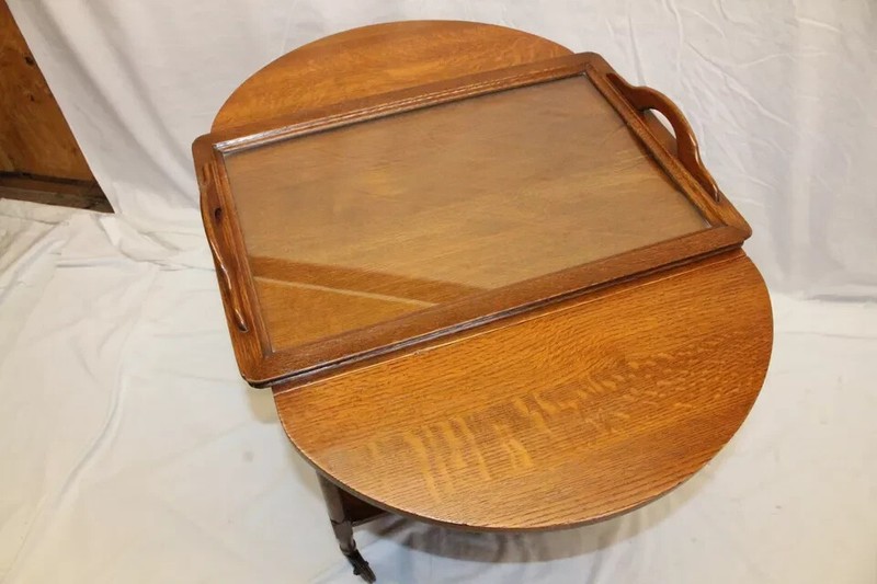 Arts & Crafts Tiger Oak Tea Cart Serving Table, Drop Leaf with Glass Tray gallery