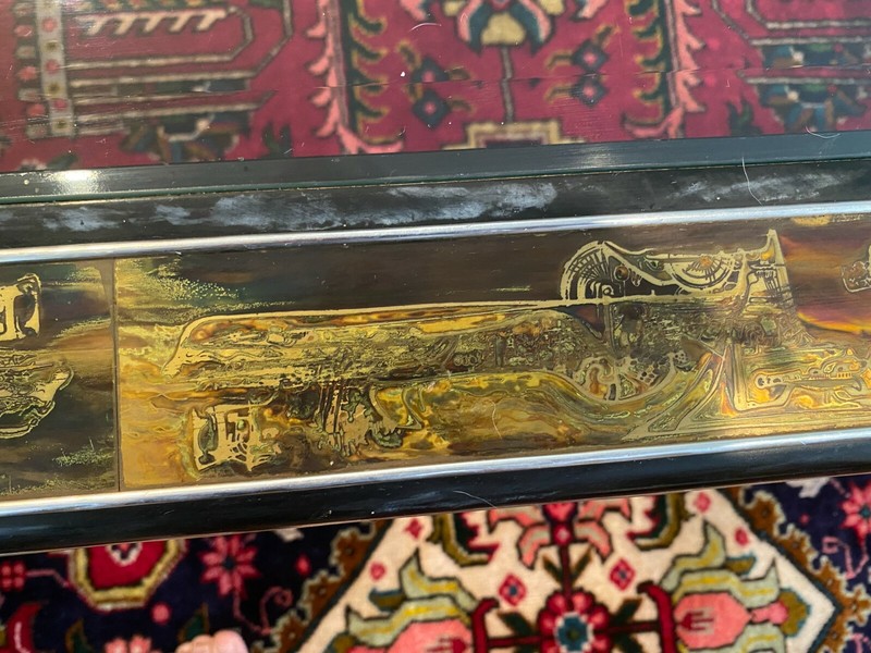 Vintage Bernhard Rohne Etched Acid Brass Coffee Table, 54" x 28 1/2" x 17 1/2" gallery