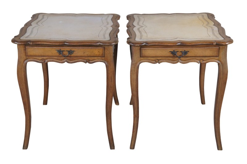 2 French Provincial Walnut Tooled Leather Serpentine Side Accent Tables 24″