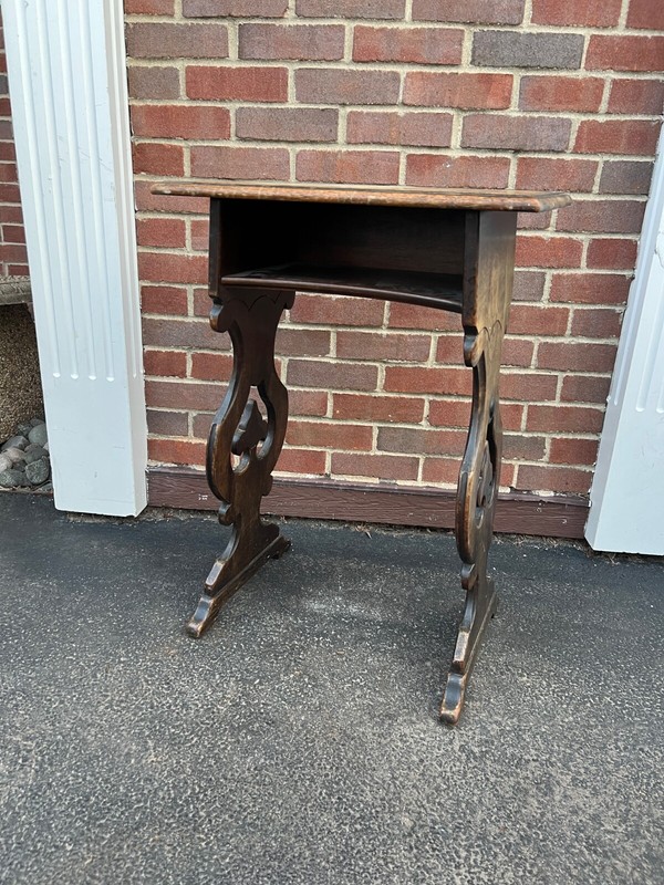 vintage wood Table Desk With Lyre trestle Legs 29”x19”x13” gallery