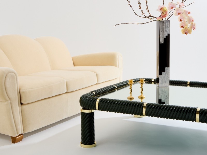 Tommaso Barbi olive green ceramic and brass coffee table 1970s gallery