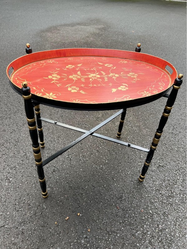 Vintage Italian Hand Painted Tray Top Accent Table On Stand