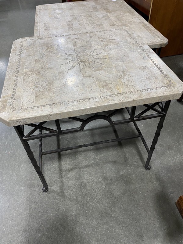 Vintage Tessellated Stone Coffee & End Table Sun Inlay Wrought Iron Frame gallery