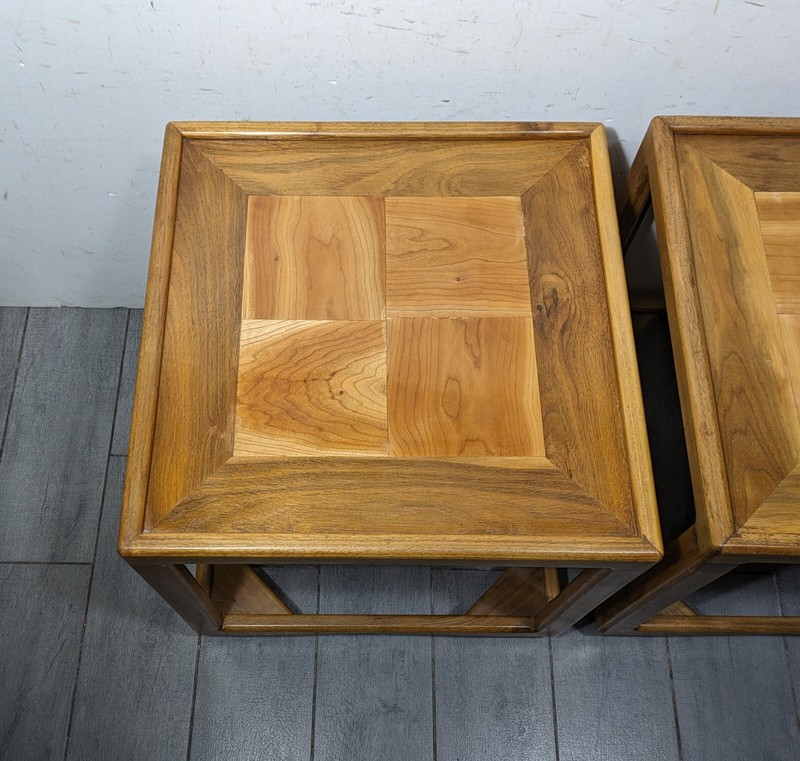 Vintage Pair of Mid Century Modern Square Cube Teak Wood Rolling End Tables gallery