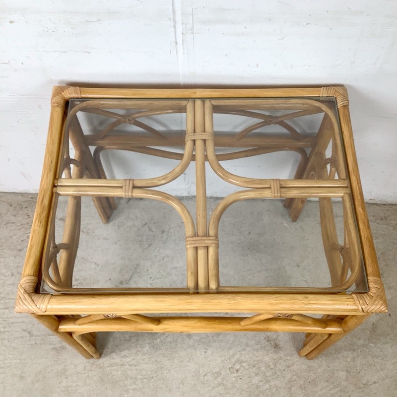 Vintage Rattan Bamboo Side Table Glass Top 1970s 1980s Boho Coastal MCM gallery