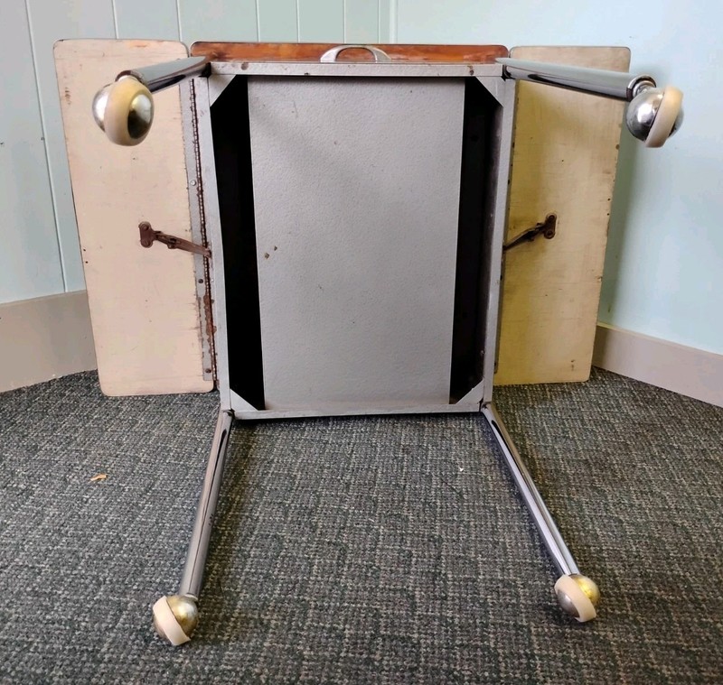 50's Chrome & Cracked Ice Formica Drop Leaf Table Cart w/Drawer Wheels 27"T MCM gallery