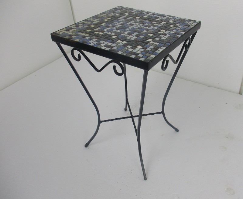 Vintage Small Side Table Plant stand Mosaic tiles Checkered pattern Wrought Iron gallery