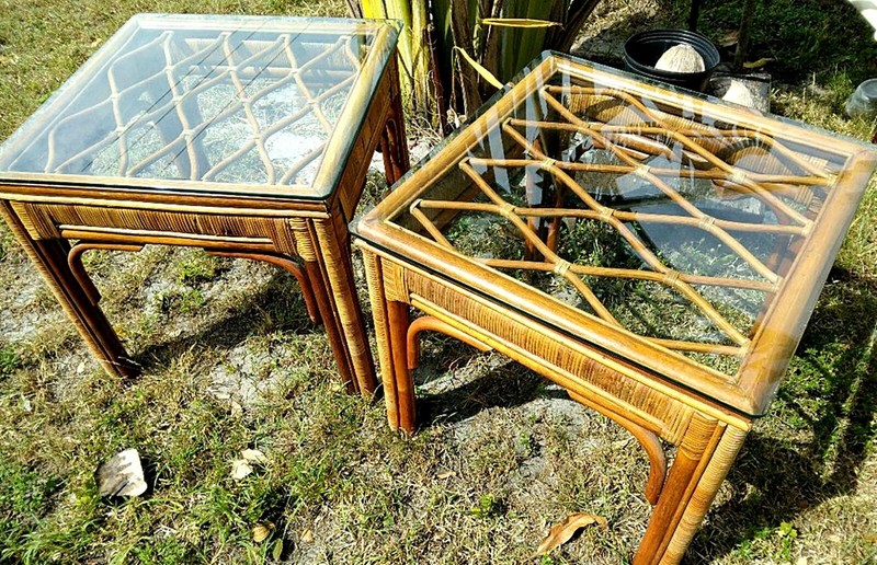 Vintage BAMBOO RATTAN 2 End Lamp Tables - Chic Regency elegant w glass gallery