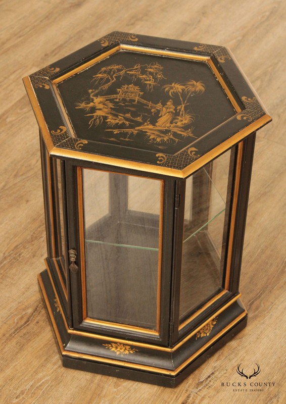 Chinoiserie Decorated Black and Gold Vitrine Side Table gallery