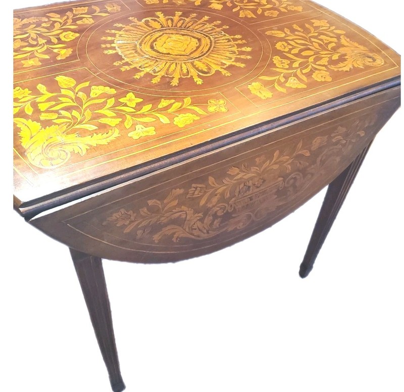 Antique Marquetry Wood Inlaid Floral Dual Drop Leaf Table 29" Tall Single Drawer gallery