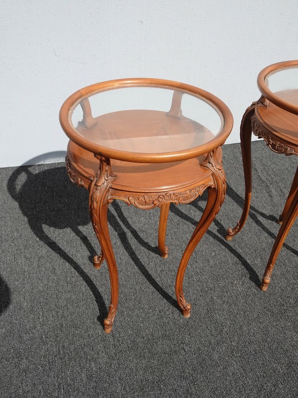 Vintage French Rococo Louis XVI Style Brown Ornately Carved Side Tables Two Tier gallery