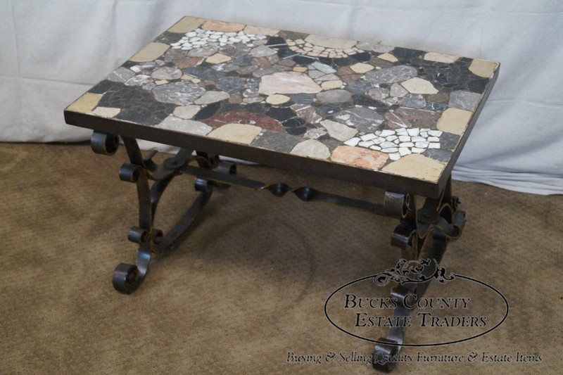 Antique Italian Hand Forged Iron Coffee Table w/ Mosaic Stone Top gallery