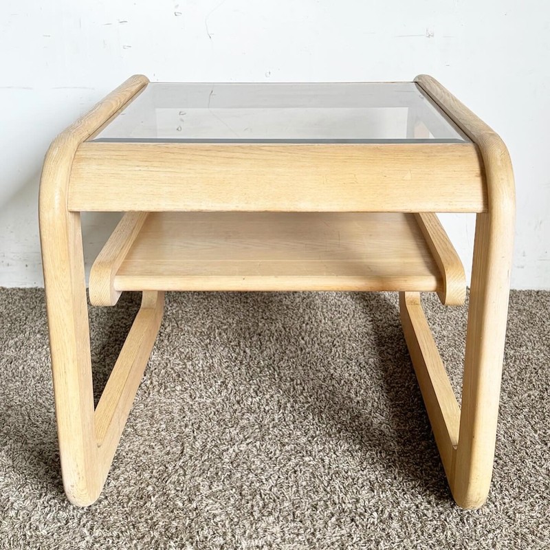 Mid Century Modern Oak Side Table With Smoked Glass Top by Lou Hodges gallery
