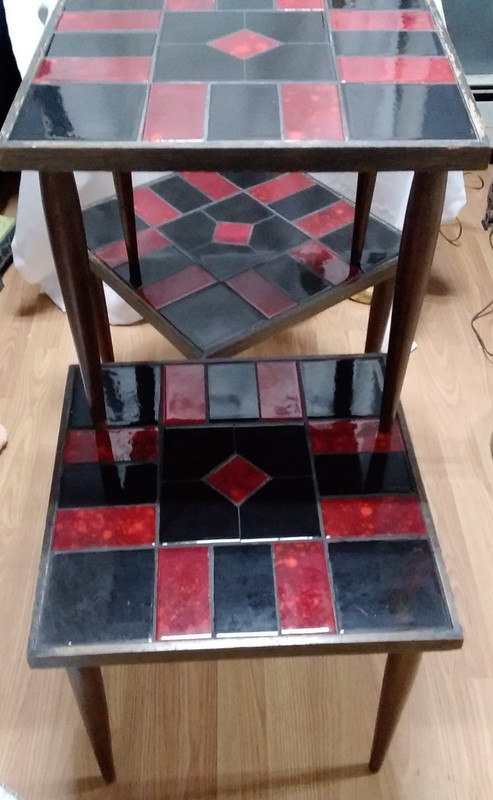 Mid Century MCM Stacking Red & Black Mosaic Tiled Occasional Tables /Walnut Wood gallery