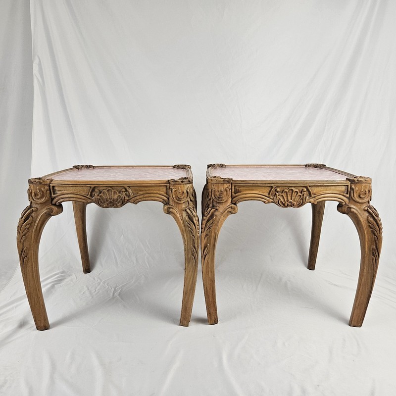 Vintage Italian Rococo End Table Pair Carved Wood French Faux Marble Baroque
