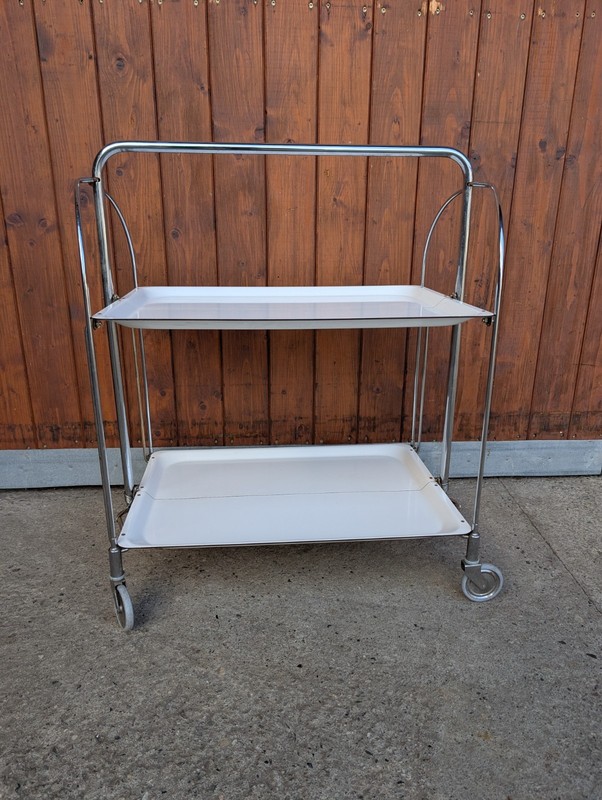 Dinett Serving Trolley Tea Cart Side Table White Chrome 70s Bremshey Space gallery