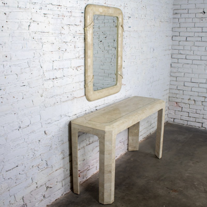 Modern Tessellated Travertine Console or Sofa Table & Wall Mirror Set Philippine gallery