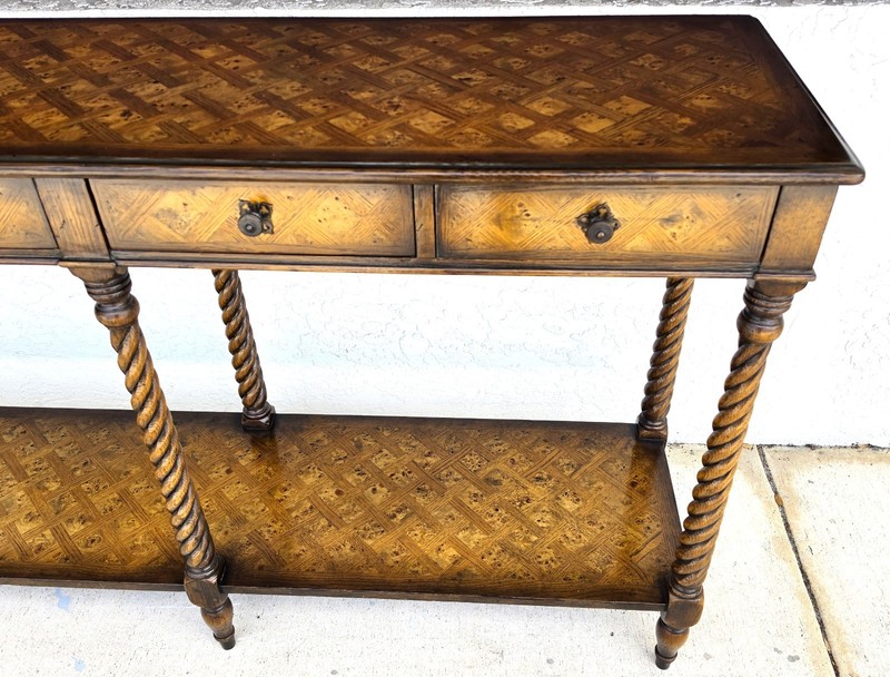 Theodore Alexander Burl Parquetry Console Table with 4 Drawers gallery