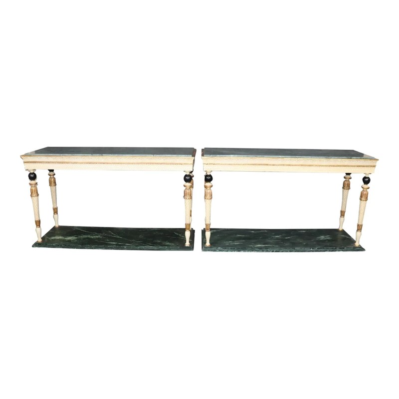 Rare Pair of Marble and Faux Marble Paint Decorated Console Tables Manner Jansen