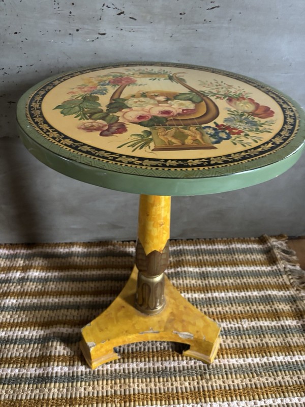 Vintage Hand-Painted Floral Accent Table with Pedestal Base