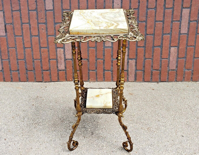 Antique Cast Iron & Onyx Plant Fern Stand Table Statue Pedestal CHERUB CORNERS