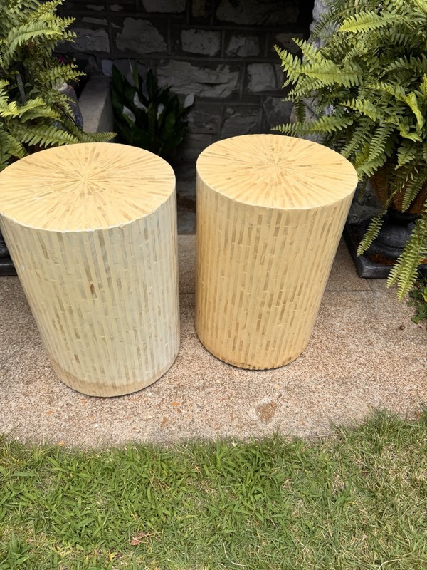 Pair Enrique Garcel Style Tessellated Mother Of Pearl Drum Side Tables gallery