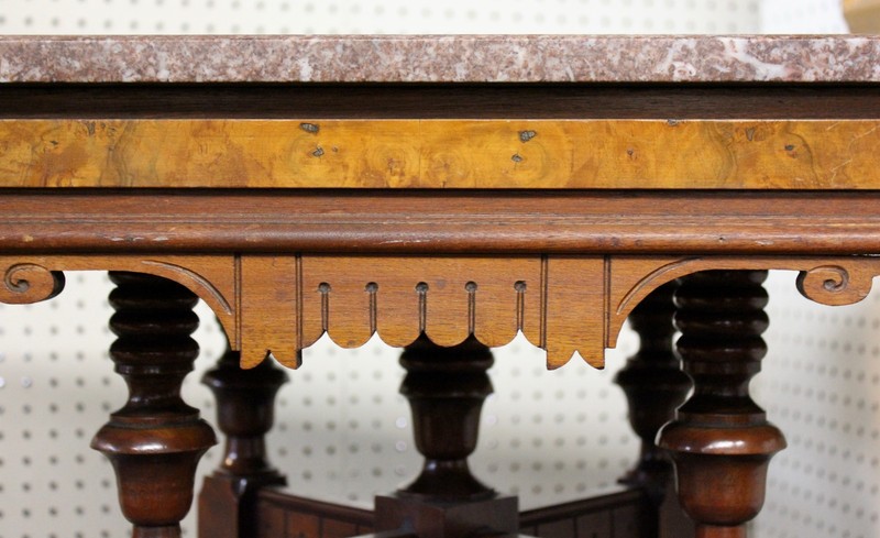 Eastlake Marble Top Table Walnut + Burl. Geometric + Foliate + Fan Carvings 1887 gallery