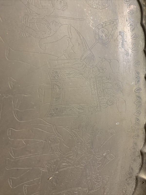 Vtg India Moroccan Mid Century Coffee BRASS Tray Table Top 30.25”x 21.5” Etched gallery