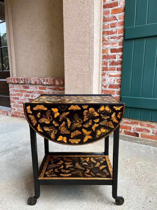 Vintage English Bar Cart Trolley Drop Leaf Chinoiserie Butterfly Lacquer Table gallery