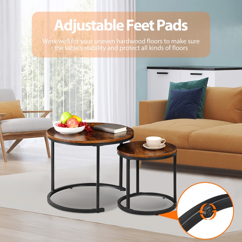 Set of 2 Nesting Coffee Table Round End Side Table for Small Spaces Rustic Brown gallery
