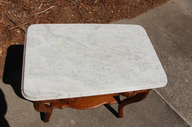 Walnut Victorian Marble Top Writing Table Desk with Shelf and Drawer gallery
