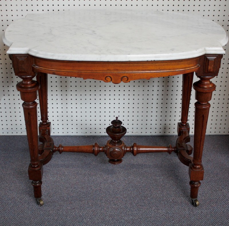 Antique Victorian Eastlake Walnut Parlor Table White Turtle Marble Top, Spire