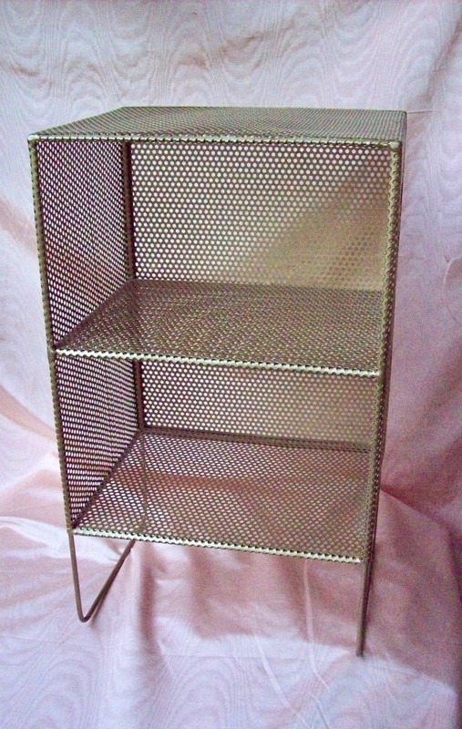 MID CENTURY MODERN PERFORATED HOLES GOLDTONE METAL END TABLE STAND w/ 2 SHELVES