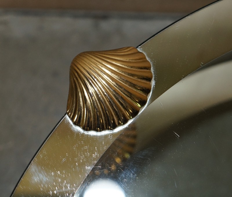 MID CENTURY MODERN BRASS & SILVERED GLASS SHELL MOUNTED TWO TIER COFFEE TABLE gallery