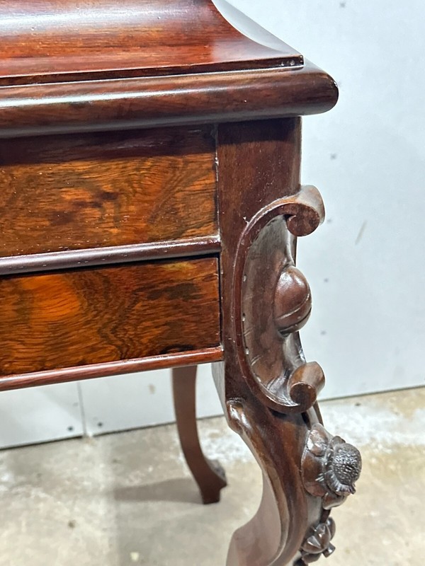 antique rosewood sewing work table rococo victorian carved birdseye interior gallery