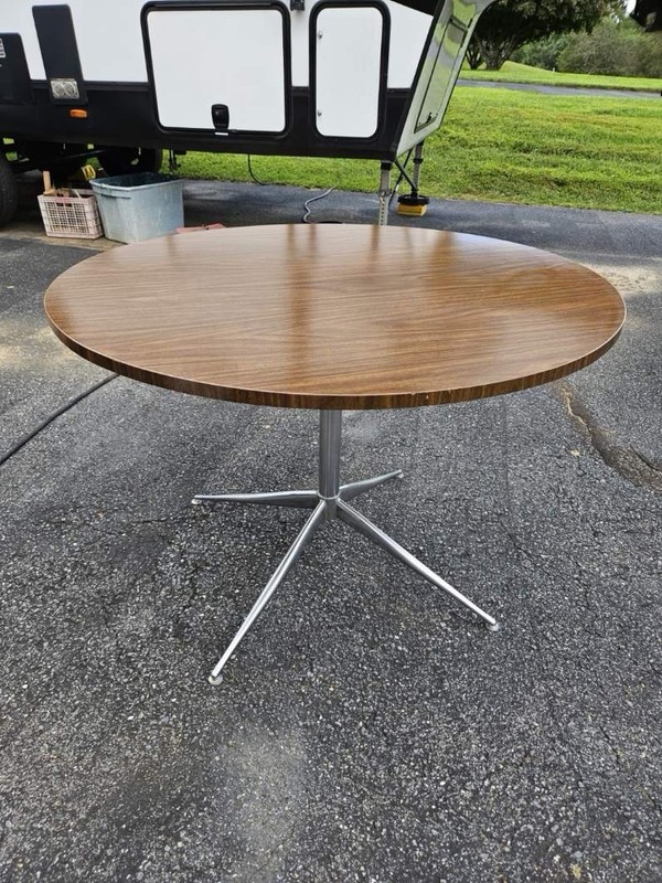 Vintage Mid-Century Modern Formica Like Top Round Dining Table With Steel Base