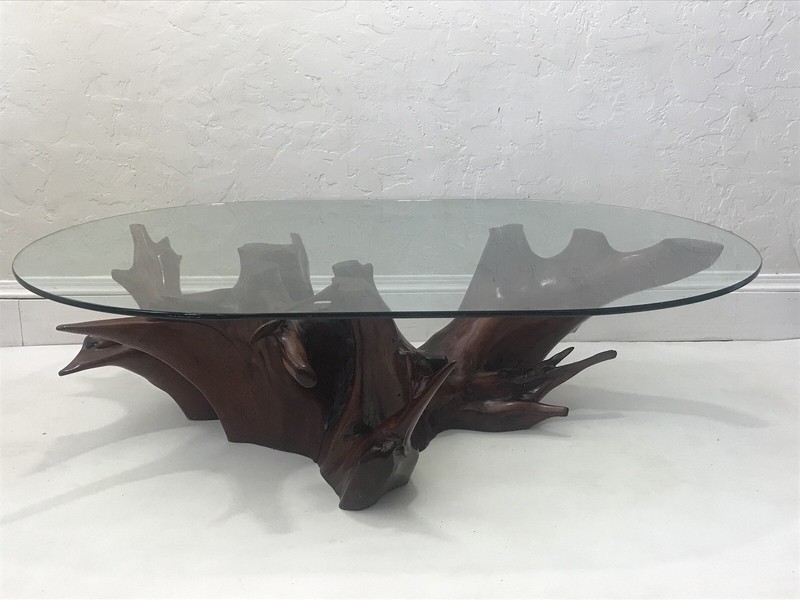 Mid Century Spanish Walnut Root Glass Top Coffee Table gallery
