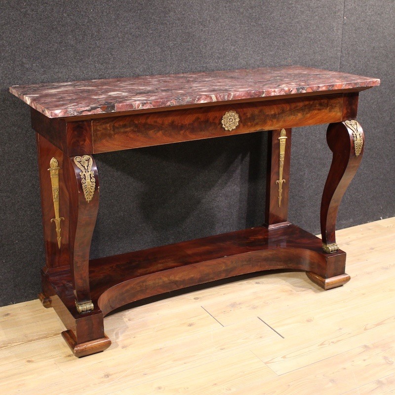 Antique console Italian table mahogany wood marble top Empire style 19th cent