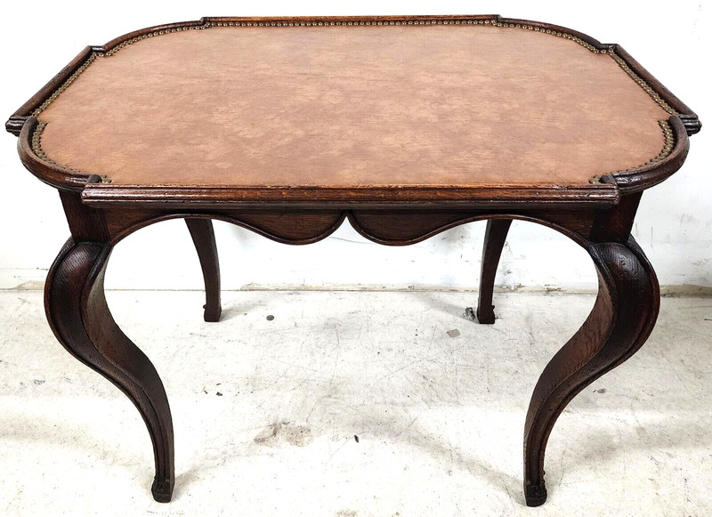 Country French Side Table Leather Top Oak Antique gallery