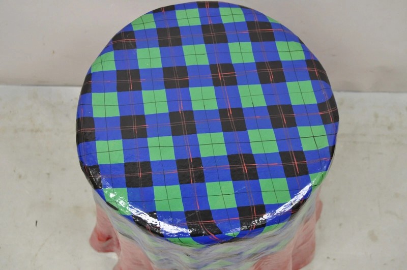 Vintage Paper Mache Red Blue Green Tartan Painted "Tablecloth" Drape Side Table gallery
