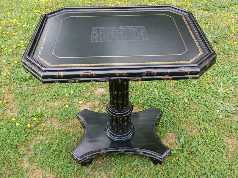 Maitland Smith Side Table Ebonized Faux Bamboo Leather Top Hand Painted Table