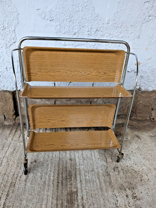 Dinette Serving Cart Tea Cart Table Side Table Oak Bar Chrome 70s WOW gallery