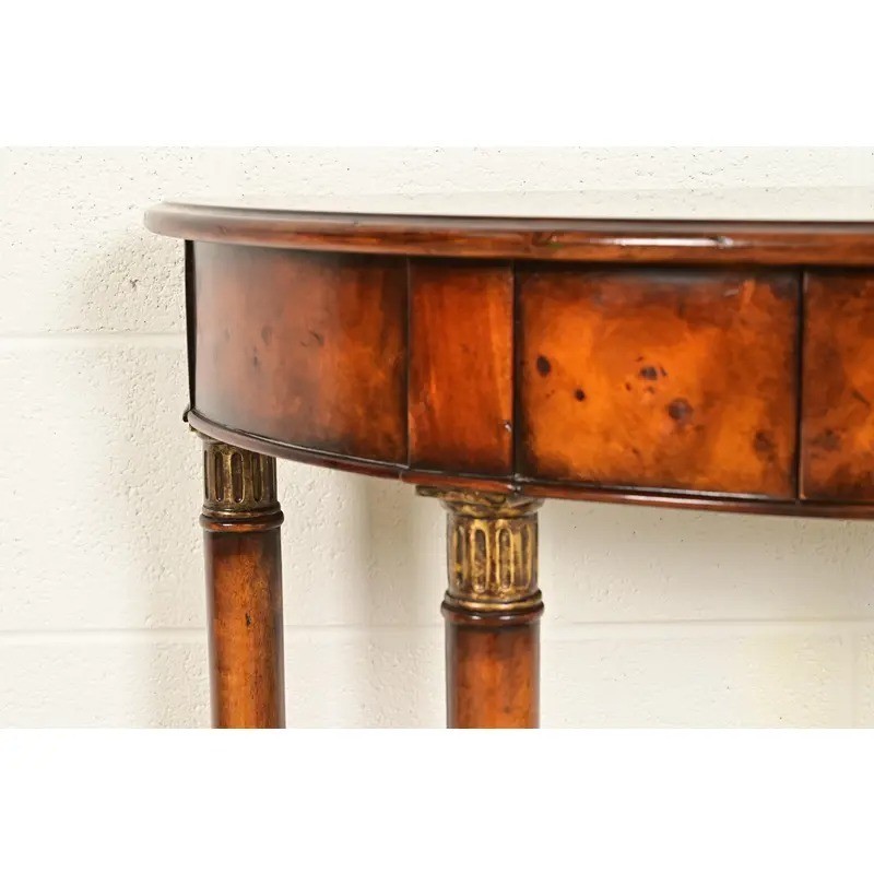 Maitland Smith Style French Empire Burl Wood & Gold Gilt Demilune Console Table gallery