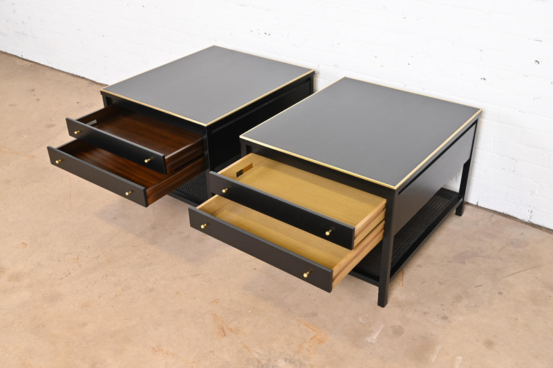 Paul McCobb Irwin Collection Black Lacquer and Brass End Tables or Nightstands gallery