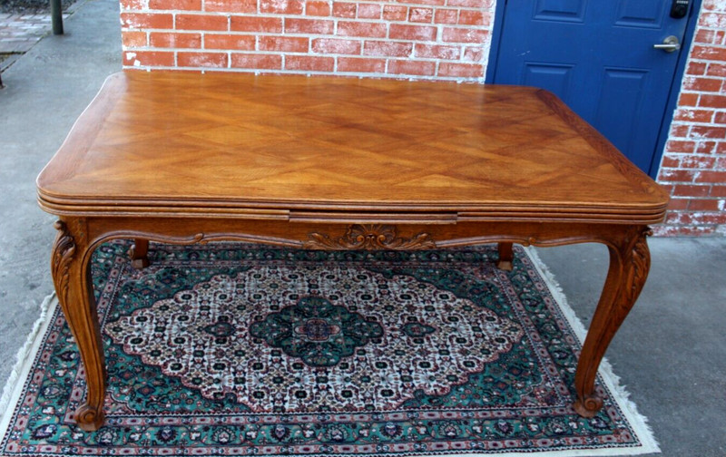 French Antique Louis XV Oak Dining Table | Carved Floral Apron & Parquet Top gallery