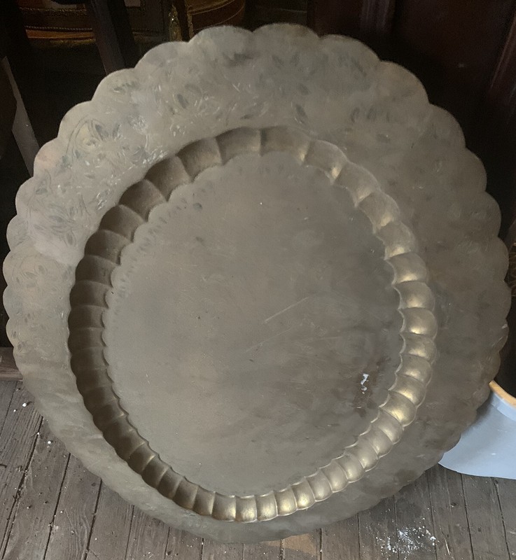 Vtg India Moroccan Mid Century Coffee BRASS Tray Table Top 30.25”x 21.5” Etched